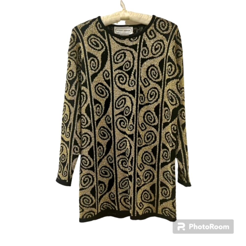 Adrienne Vittadini Black Gold Metallic Swirl Wool Blend Tunic Sweater Italy L